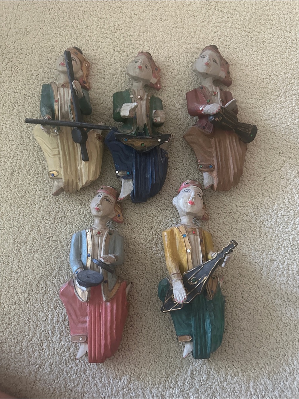 Vintage Thai  set of 5 wooden Hand -Painted Musical Figurine Wall